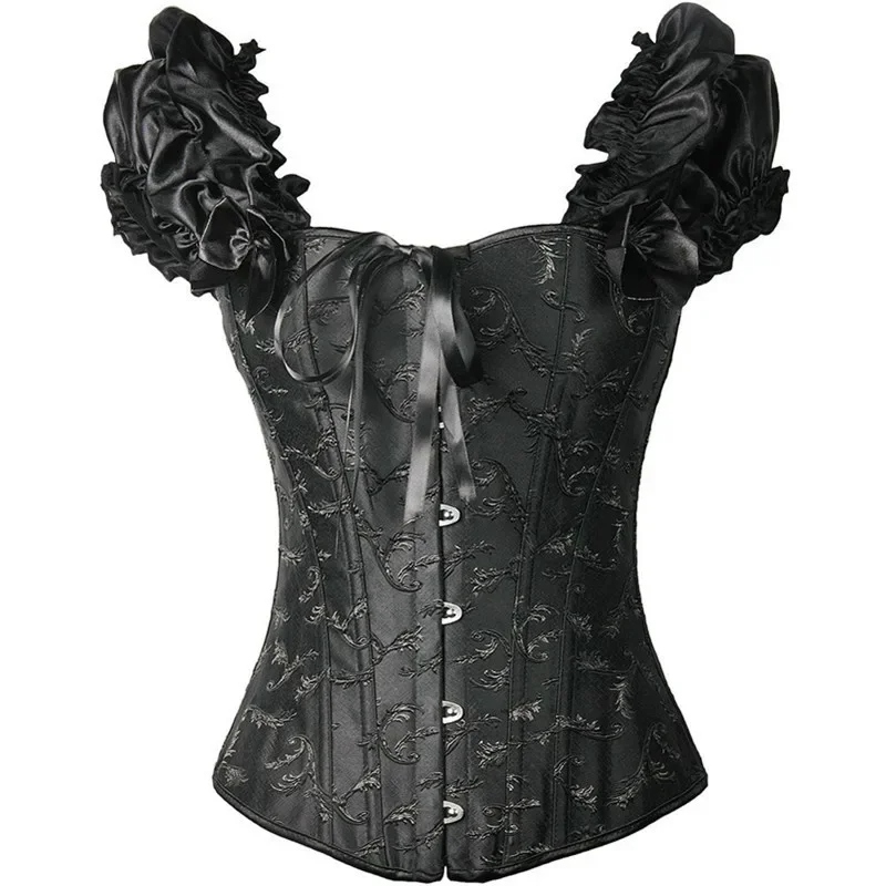 Sexy Strapless Jacquard Corselet Corsets and Bustiers Gothic Lolita Puff Ruffle Sleeve Corset Top Overbust Sexy Bustier Corsage