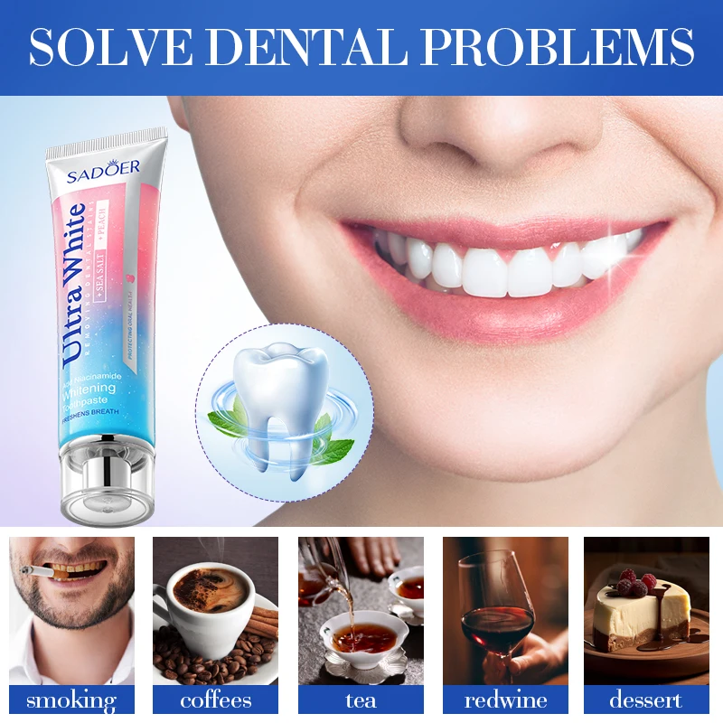 100g Peach Sea Salt Whitening Toothpaste - Fluoride-Free, Deep Cleans and Removes Dark Yellow Stains from Teeth, Freshens Breath