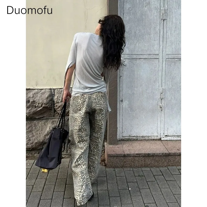 American Washed Leopard Print Wide Leg Jeans for Women Retro Street Distressed New Harajuku Style Hottie Baggy Y2K Casual Pants