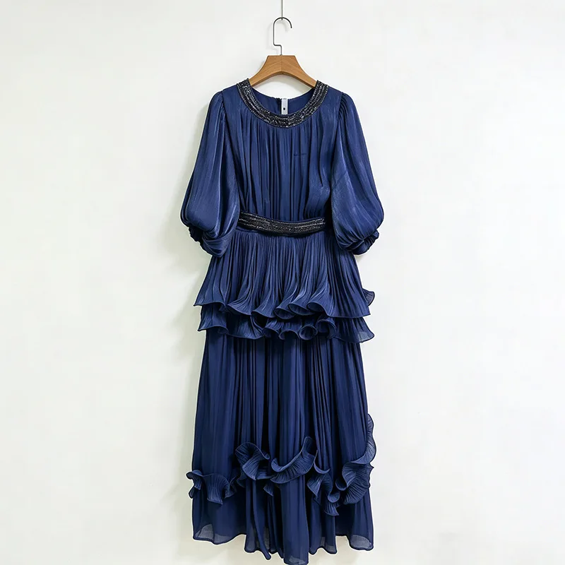 Elegante gele formele 2-delige outfit - Tailleriem met kralen, zoom met ruches, top met pofmouwen en broek