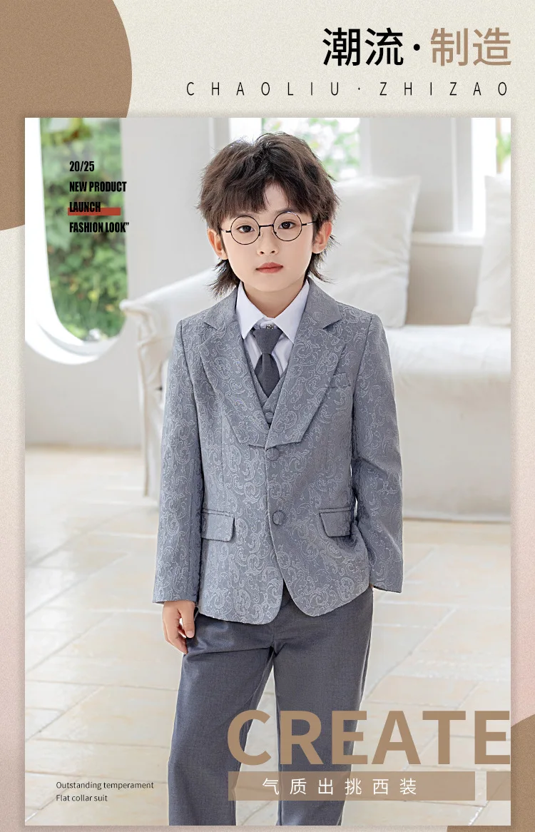 Kinder-Jungen-Jacquard-Blazer-Anzug-Set, Neujahrs-Blumenjungen-Hochzeitskostüm, Gastgeber-Outfit für Klavierauftritte, Bühnen- und Partykleidung – Detail 3