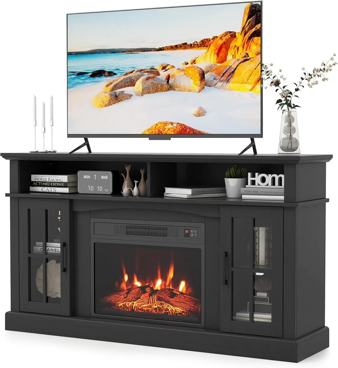 

Electric Fireplace TV Stand for TVs up to 65’’, Media Entertainment Center w/23’’ Fireplace Insert, 3-Level Flame, Remote