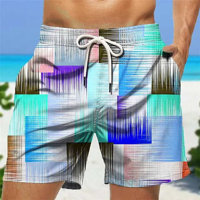 Shorts de banho seco rápido masculino, troncos de cordão, geometria gráfica listra, calção casual de férias com micro elástico havaiano