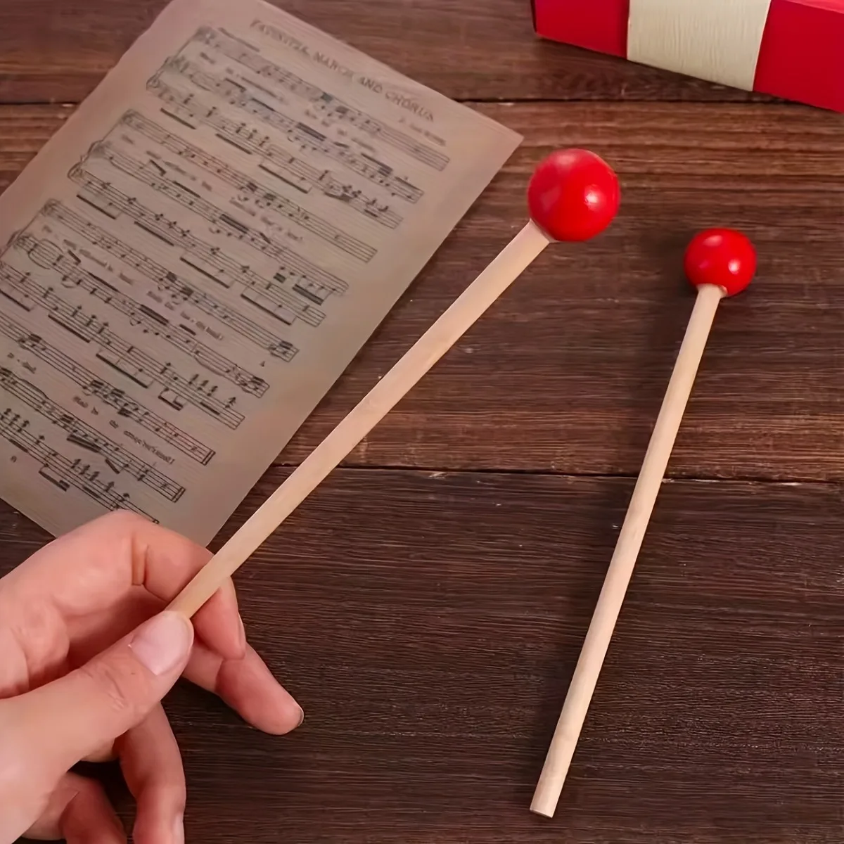 2Pcs Set Red Solid Wood Drumsticks | Simple Drum, Percussion Instrument Accessories, Universal Percussion Mallets