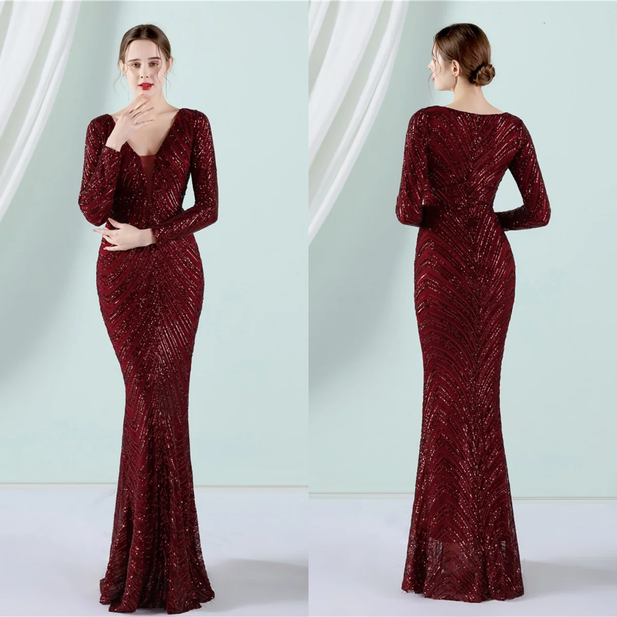 

Evening Dresses Burgundy Sequins Stretchy V-neck Full Sleeves Zipper Back Mermaid Trumpet Floor Length Women Party Formal Gowns