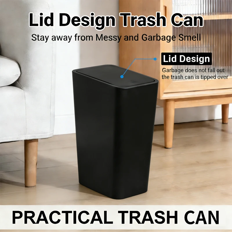 

Мусорное ведро для ванной 10 л, маленькое, с нажимной крышкой, для туалета, спальни, гостиной, пластиковое, с откидной крышкой