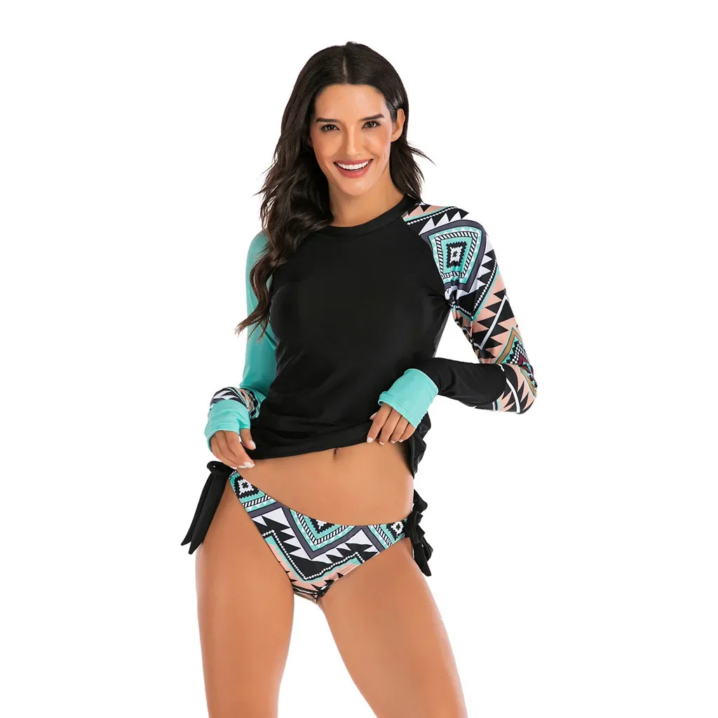 

2025 Купальники с солнцезащитным принтом, женский пляжный купальник с длинными рукавами для серфинга, новые европейские и американские модели, повседневный тренд бикини