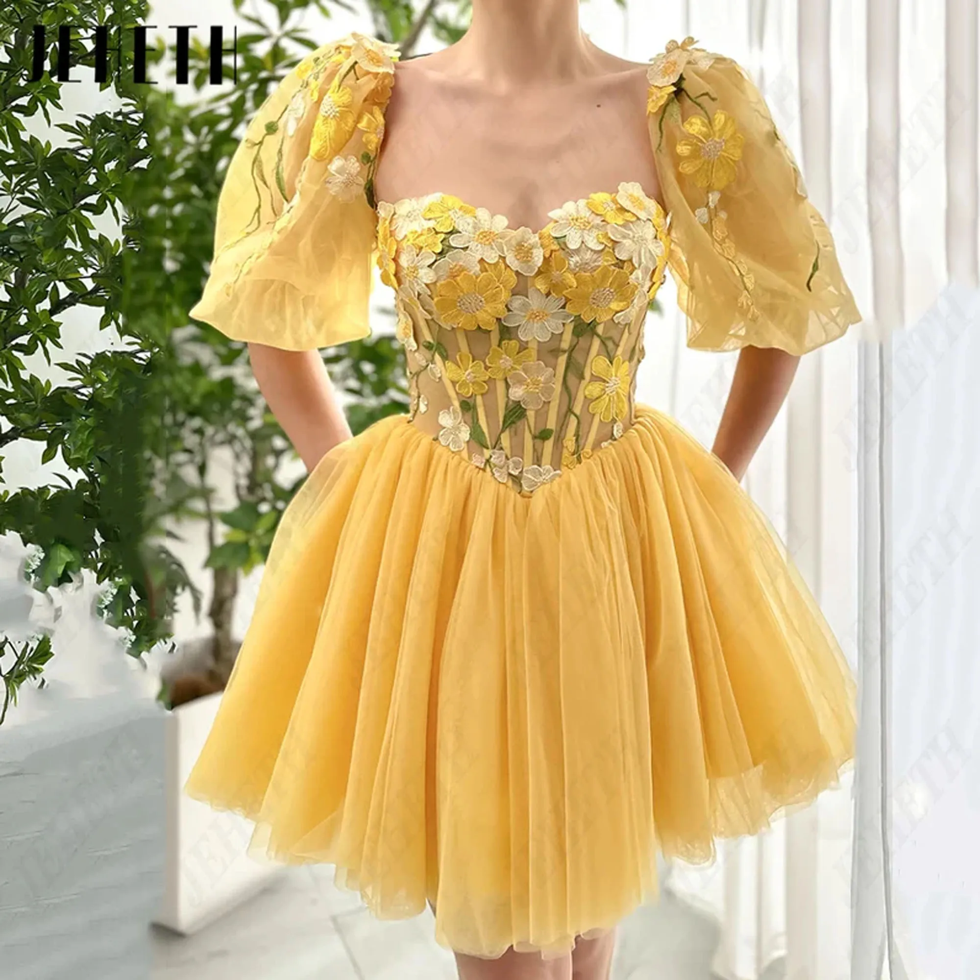 

JEHETH Mini 3D Flowers Prom Dresses Women Tulle Puff Sleeves Homecoming Gown A-Line Corset Backless Vestidos de noche Customized