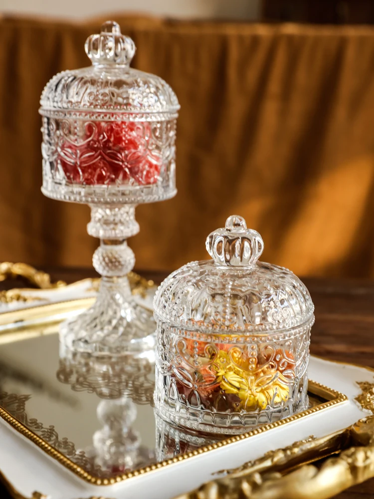 Creative Crown Relief Glass Jar Jewelry Box with Lid High Bowl Exquisite Home Decoration Candy Box Storage Jar Dried Fruit Box