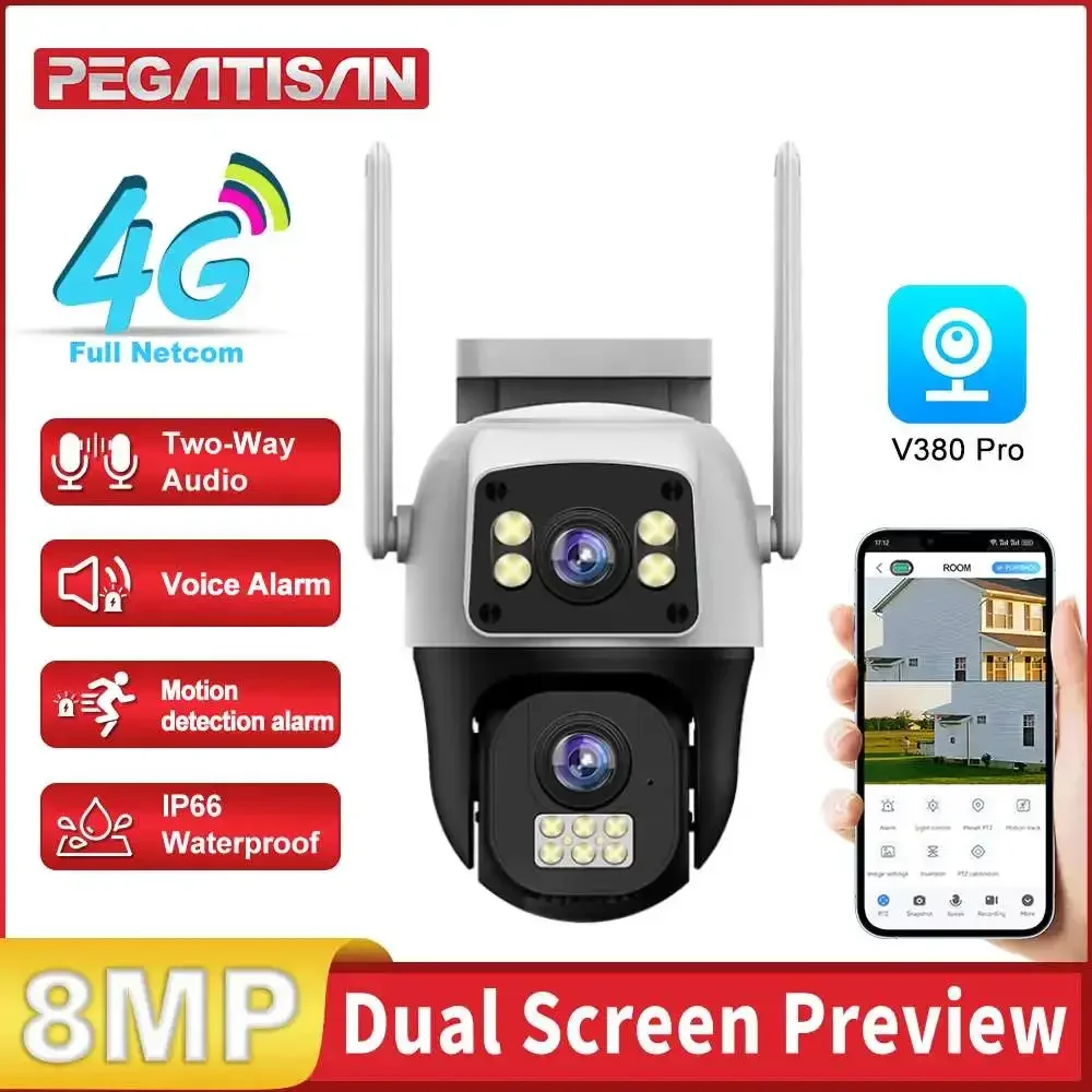 

8MP 4G SIM Card Cameras Dual Lens Dual Screen Wireless WiFi Outdoor Surveillance Human Detect Security Protection PTZ IP Camera