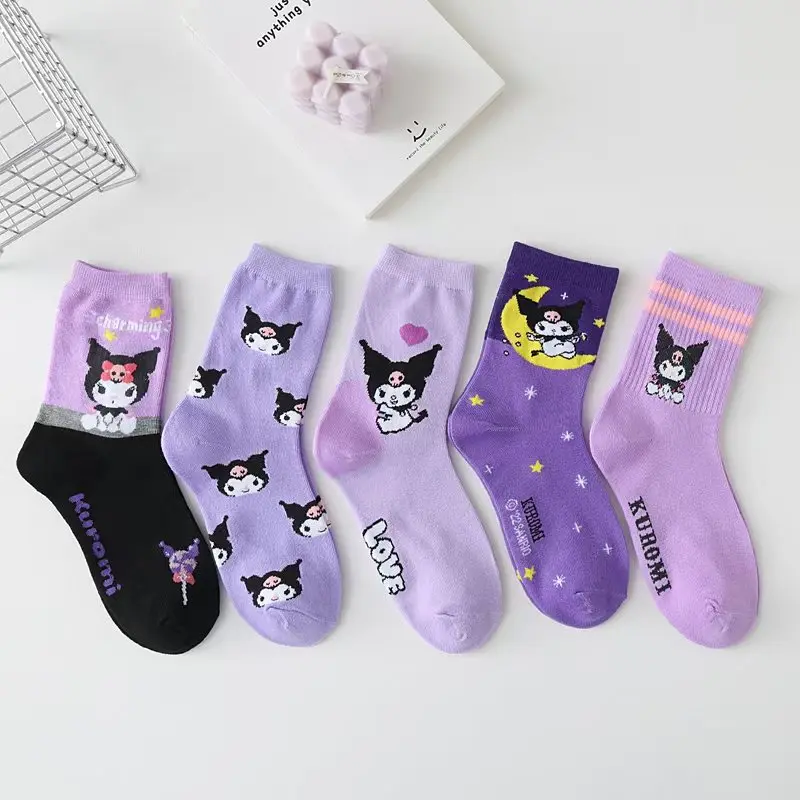 Sanrio Kuromi Girls Socks Kawaii Cartoon Sweet Little Witch Stockings Purple Girls Children Exquisite Mid-Tube Soft Cotton Socks