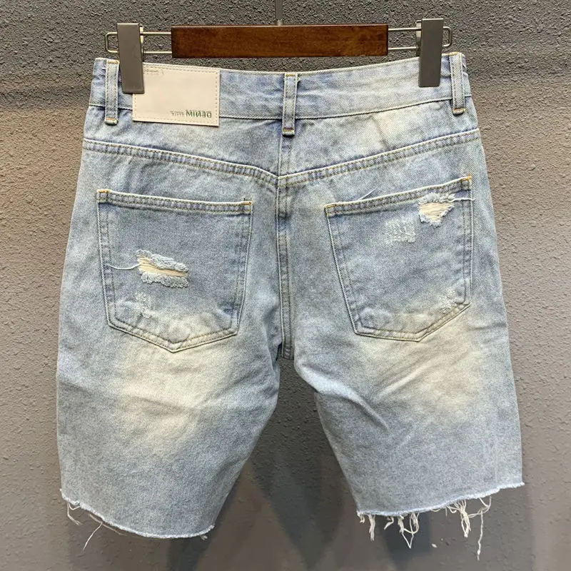 Ripped Denim Shorts Men's Light-colored Five-point Pants Trendy Distressed Men's Loose Burrs Medium Pants Beggar Pants Summer