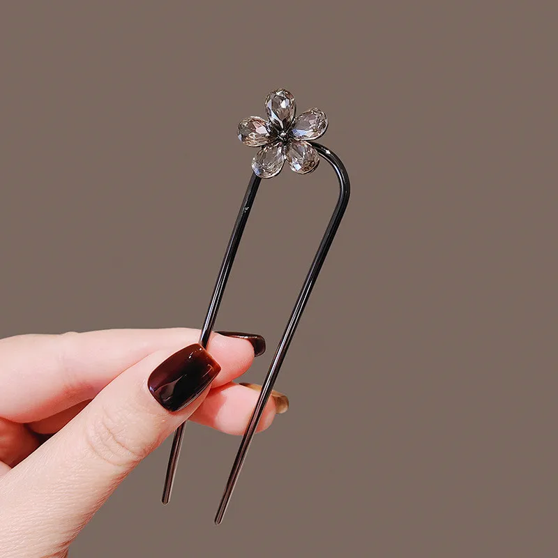 Temperament Crystal Flower U-shaped Hairpin for Women Back Head Simple Black Color Hair Sticks Summer Hair Accessories