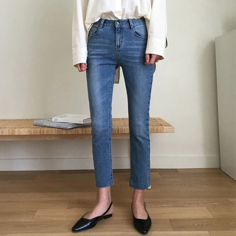 Casual Korean Sle Women's Jeans Elastic Slim Fit Summer Vintage High Waist Straight Leg Cotton Stretch Denim Pants