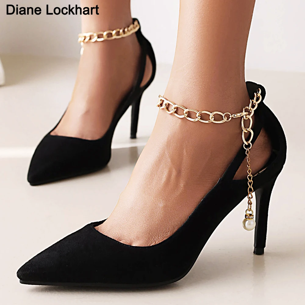 

Metal Chain Ankle Strap Pumps Women Dance Shoes Woman Sexy Pointed Toe Flock Banquet Stilettos High Heels Sapatos Femininos