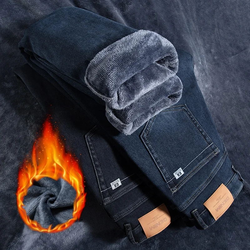 Men's Fleece Warm Jeans Fashion Loose Casual Classic Velvet Thick Denim Pants Business Casual Work Brand Men's Winter Pants