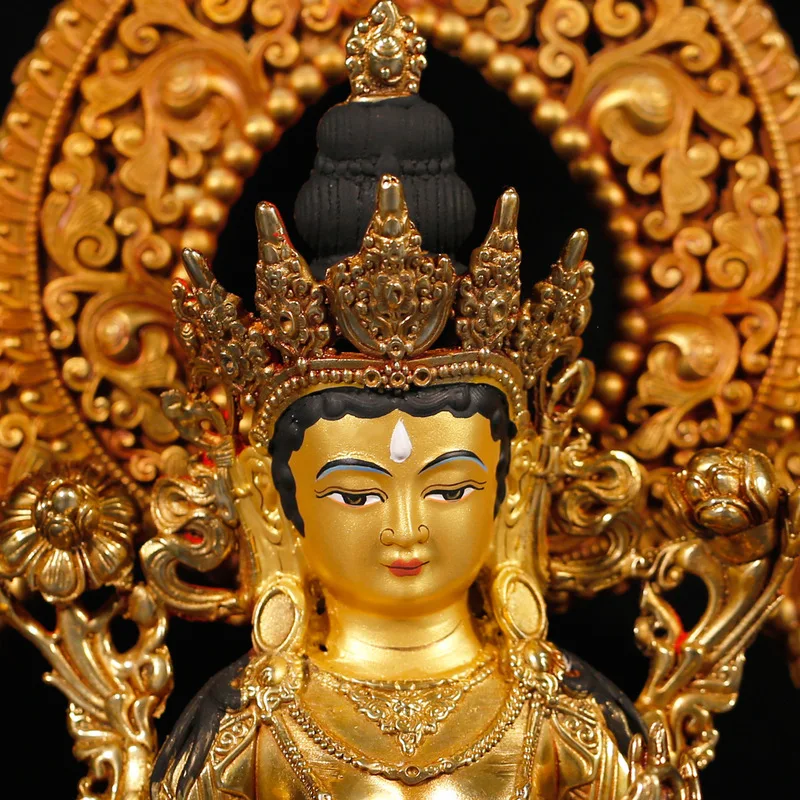 Tibetan-style fully gilded bronze Green Tara carved Buddha statue with backlight for home worship and temple decoration