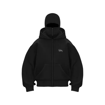 Y2k Vintage Double Hat Design Zipper Hoodie Winter Harajuku Hip Hop Long Sleeve Hooded Sweatshirt Coat Men Fashion Loose Jackets