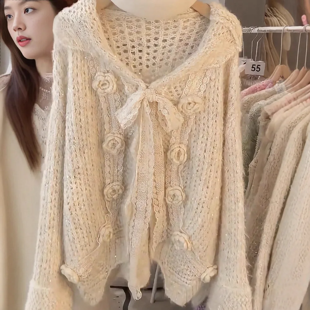 

Fashionable Knitted Long Sleeve Top with 3D Flower Design Slimming Versatile Autumn Winter New Arrival Women's Premium Knitwear