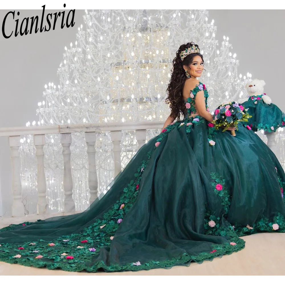 Vestidos verdes de quinceañera mexicana, apliques florales 3D hechos a mano, Vestidos de baile formales de princesa de cumpleaños, 15 y 16 Años