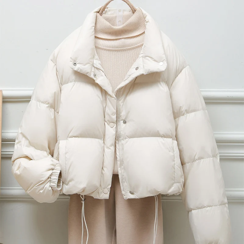 Women Winter Cotton-padded Jacket Casual Mock Neck Thicken Pocket Down Coat Loose Zipper Buttons Short Simple Warm Cardigan Coat