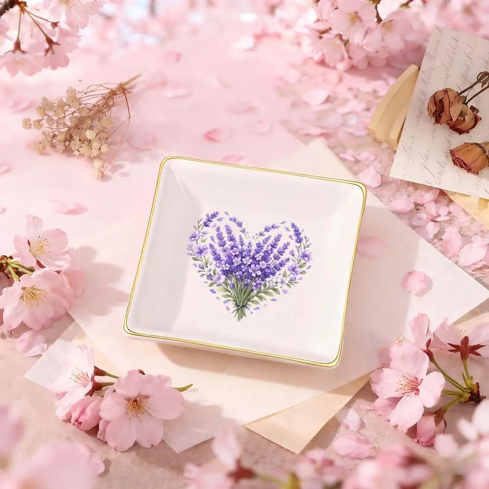 Jewelry Trays Lavender Bouquet & Purple Blossoms Ceramic Square Jewelry Dish, Watercolor Botanical Design with Scattered Petals,