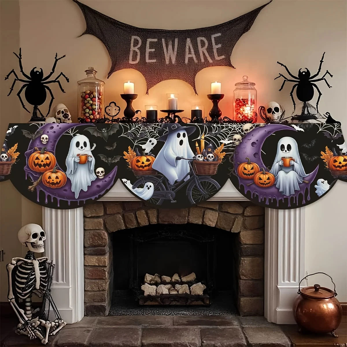 VIKAMA Halloween Fireplace Mantel Scarf Purple Moon Ghost Bike Mantel Topper Spooky Fireplace Shelf Cover Fall Home Decor