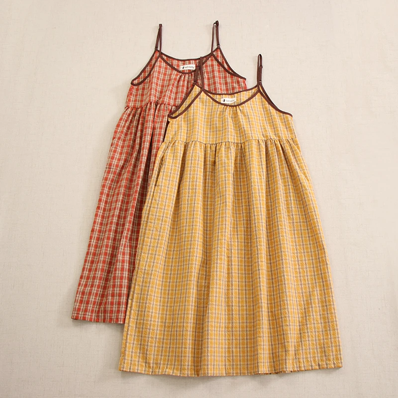 

Summer Japanese Mori Girl Vintage Plaid Spaghetti Strap Slip Dress Women Sleeveless O-neck Retro Loose Underdress Tank Dresses