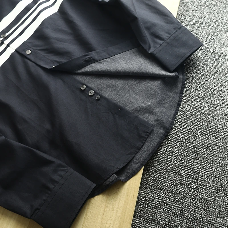 Alta qualidade algodão penteado longo sve masculino casual listrado irt cor tecido proc suporte ajuste primavera verão faion