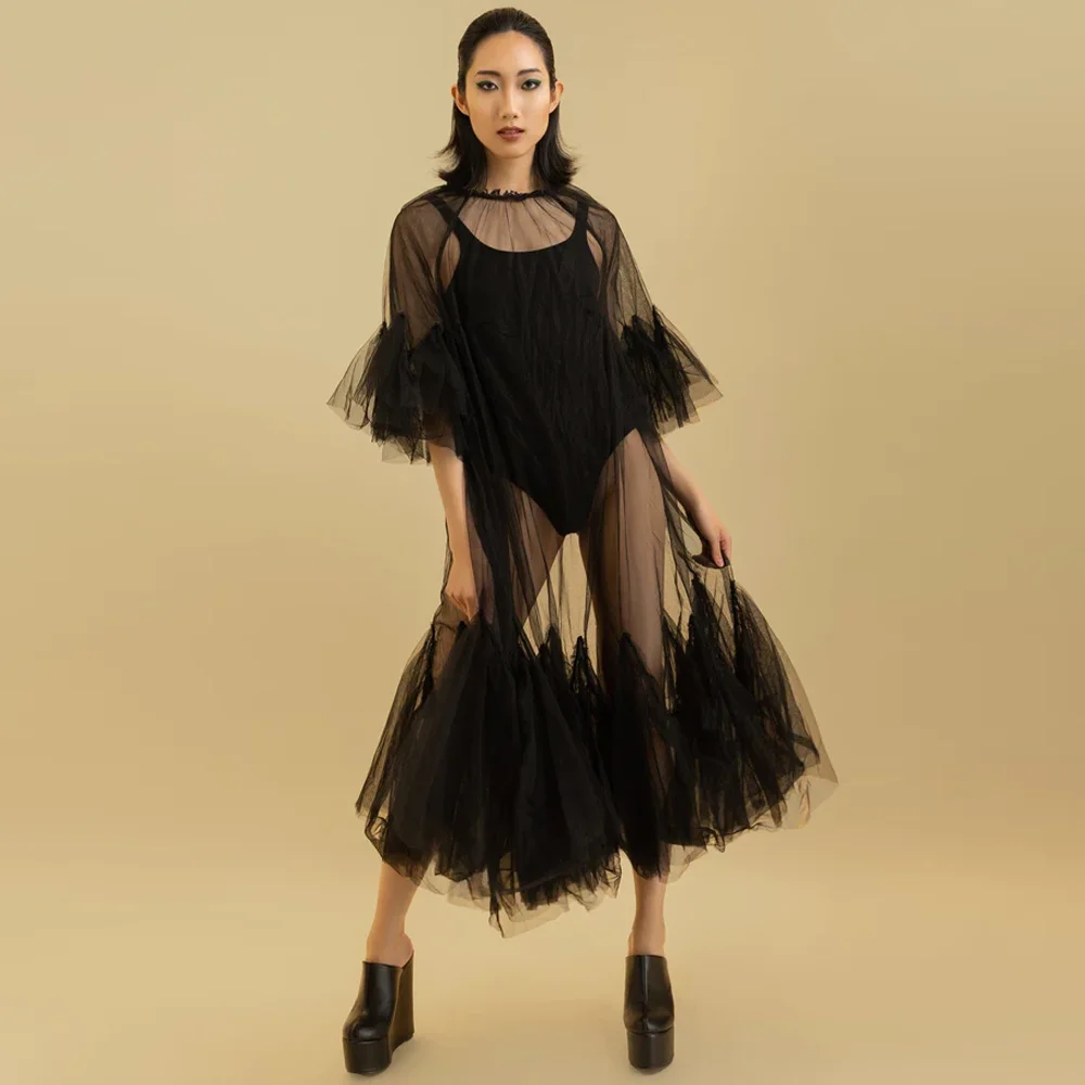 

Fashion Sheer Tulle Dress Short Sleeves Ruffled Mesh Tea Length Overlay Dress Women See Thru Party Dresses No Bodysuit Custom