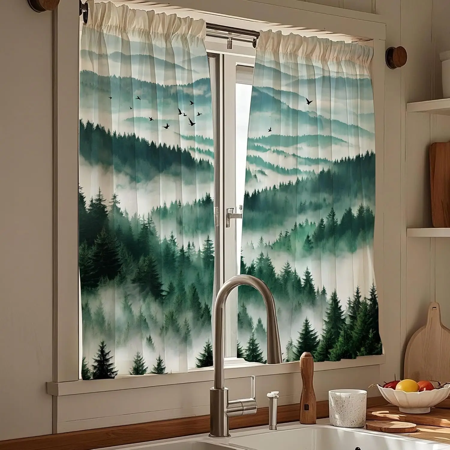 Green Fall Forest Kitchen Curtains 36 inches Misty Mountain Foggy Tree Landscape Men Woodland Cafe Small Short Nature Sence