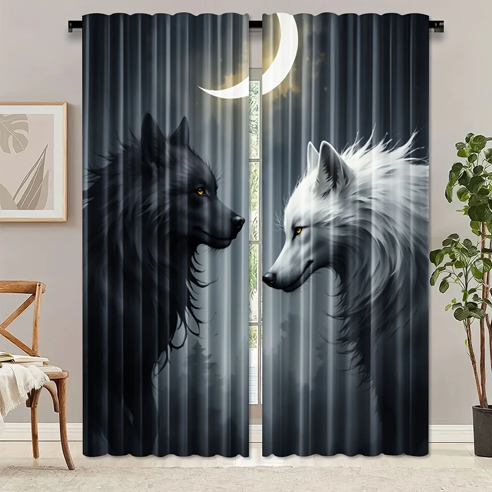 2 Panels Wolf & Moon Print Curtains, Fantasy Black White Polyester Drapes, Modern Art Window Decor for Bedroom Living Room