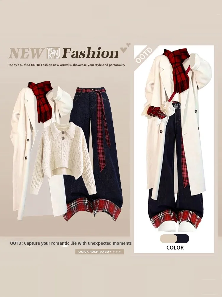 

New Year Aosphere Red Korean Drama Women's Winter Knitted Sweater Denim Pants Set High Waist Plaid Long Sve Casual Sle
