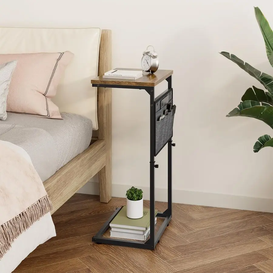 C Shaped End Table, 33 Tall Side Table for Couch, Adjustable Height Small Couch Side Table for Small Spaces, End Table Slide Und