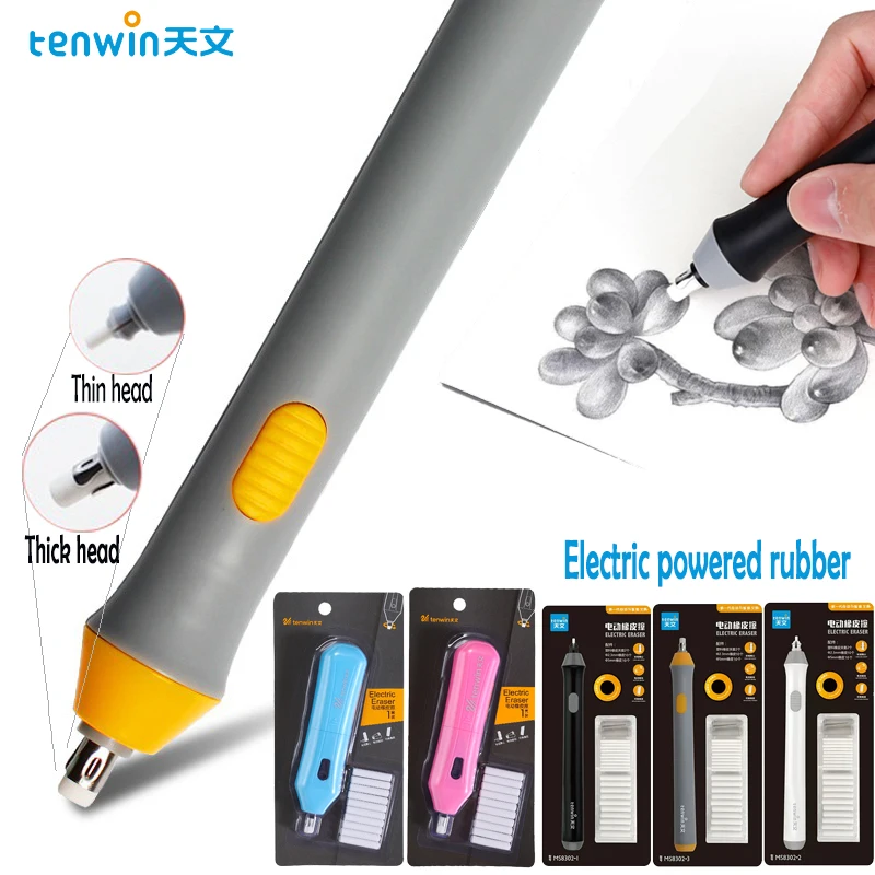 Tenwin Adjustable Electric Rubber Eraser With Rubber Refills Battery Power For Sketch Drawing Erasing School Stationery Supplies