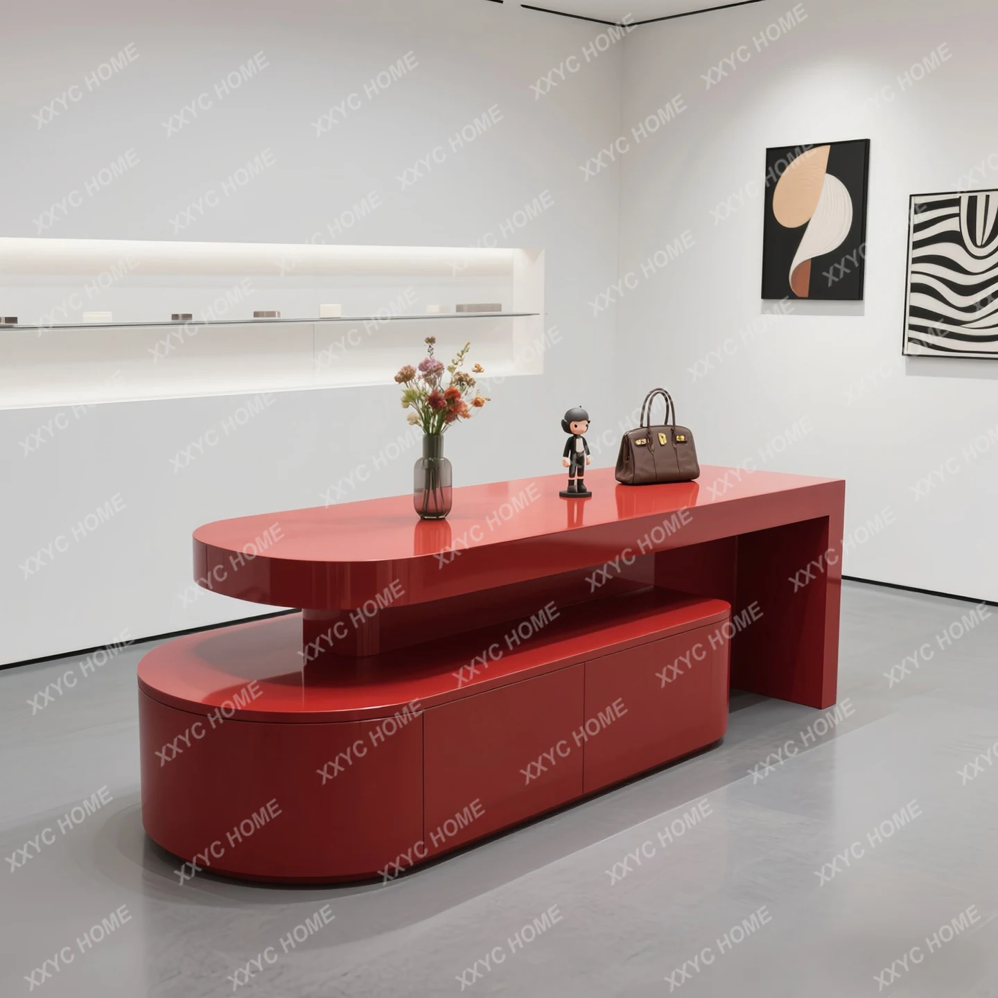 WY Customized wood paint display stand Creative square store Flow table Island cabinet display case