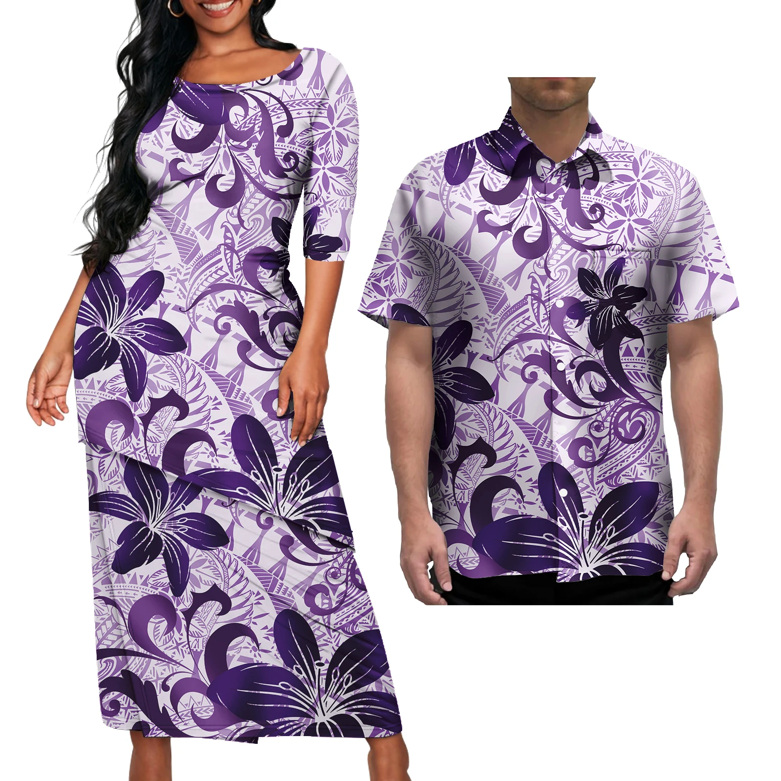 New Trend Polynesian Elei Tribal Couple Clothes Mens Shirts puletasi 2 piece set women Dress