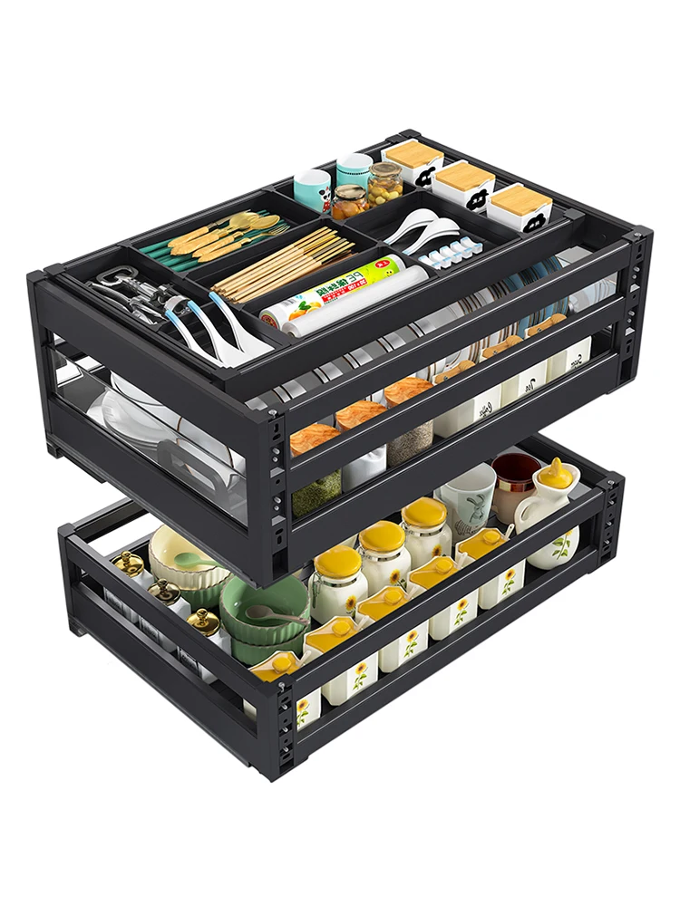 Three-tier drawer-type space aluminum alloy dish rack with built-in storage kitchen cabinet and drawer-type kitchen cabinet.