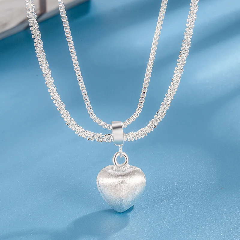 Double Layer Brushed Heart Pendant Necklace for Women High-end Feel Light Luxury Necklace 925 Silver Collarbone Chain KOFSAC