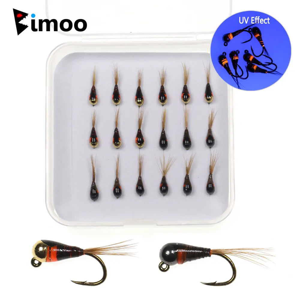 Bimoo 18 Stück/Box # 16 Wolfram-Kugelkopf-Jig-Nymphenfliegen mit Epoxid-Fasanenschwanz, schnell sinkend, mit Widerhaken, Wet Euro Nymph Fliegen für Forellenfischen