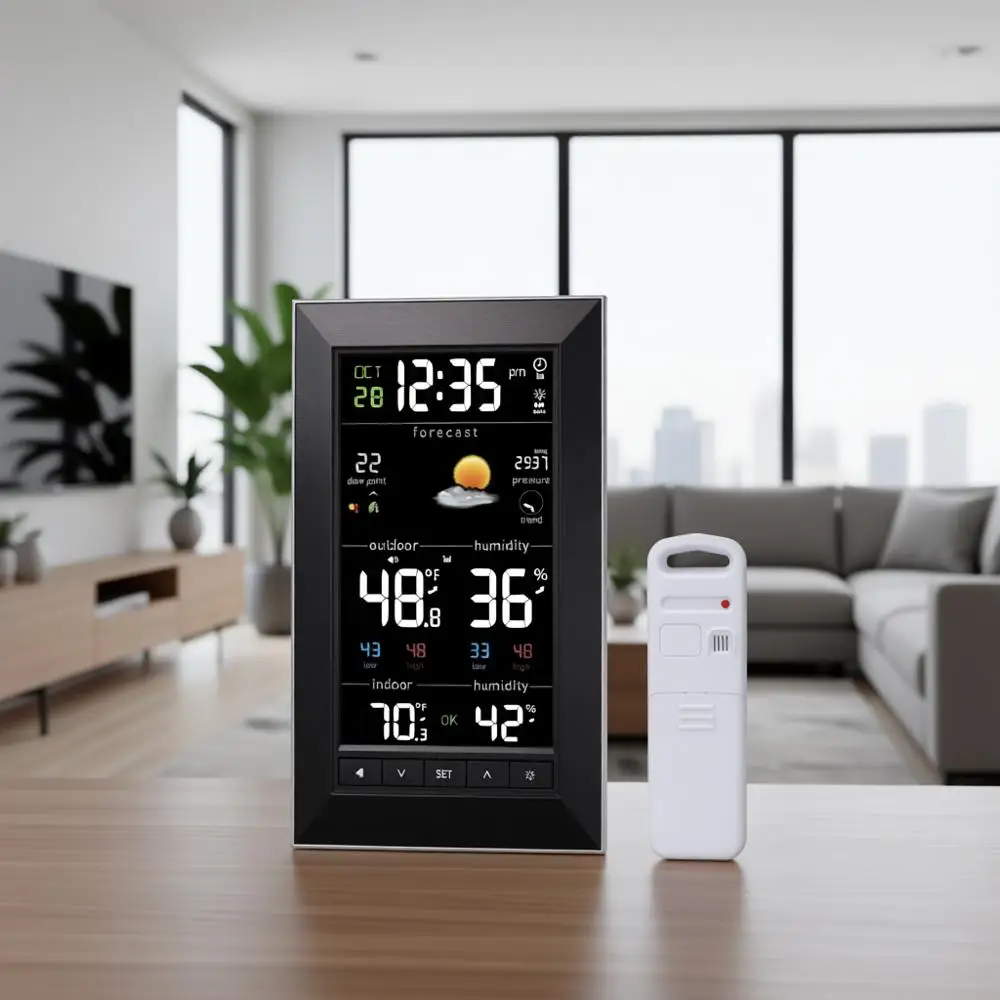 

Умная метеостанция с двумя датчиками - черная, отображает температуру в помещении/на улице, влажность, дату и время