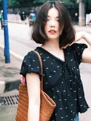 Summer Mori Cute New Floral Shirt Blouse Short Lace V-Neck Lace-Up Bubble Short-Sleeved Doll Shirt