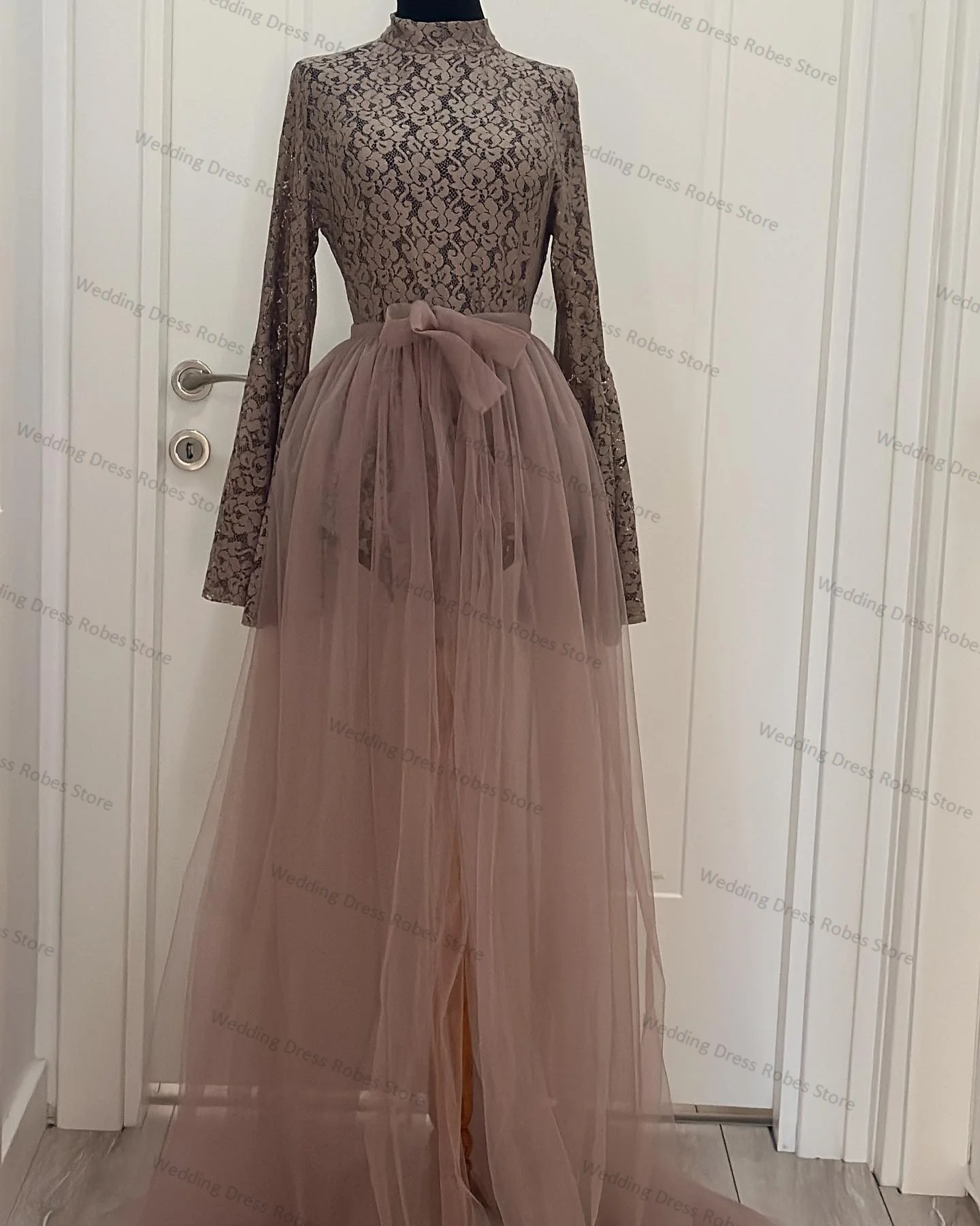 Robe de Rhen tulle marron à col haut avec ceinture, jupe de soirée ligne A, robe de soirée sur mesure, robe à lacets dans le dos