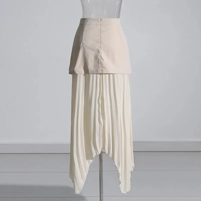 New Irregular Chiffon Panel Pleated Multi Button Pocket Long Half Skirt  Fashion Long Dress Casual Party Club White Skirt