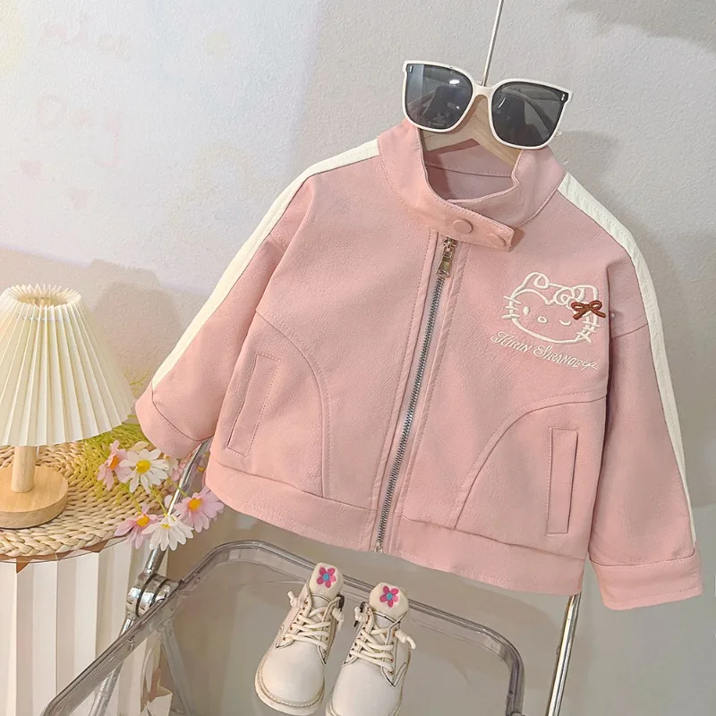 

Kawaii Hello Kitty Sanrio Student Cute Cartoon Leather Jacket Comfortable Warm Sportswear Children Hoodie Gift for Kids