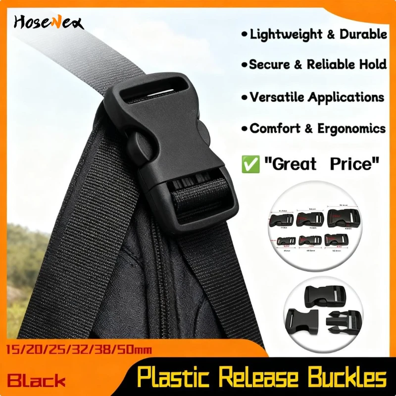 

Multi-Purpose Plastic Dual Side Release Buckles 15/20/25/32/38/50mm for Backpack Belt Bag Strap Webbing 2-50 Pack Adjustable