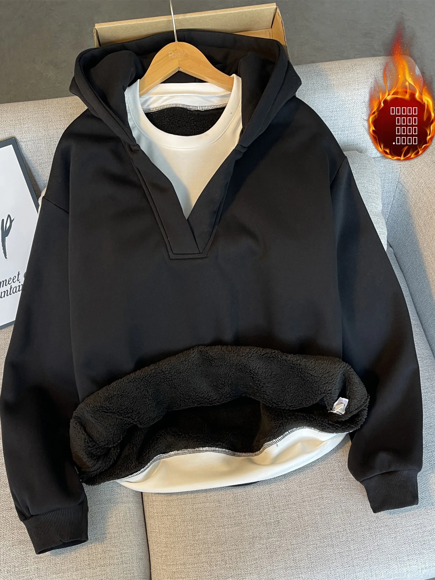 

Men's Fce Lined Hoodie Sweatirt Bla Warm Heavyweight Oversize Crew Ne Pullover Autumn Winter New Sle Cleanfit Amer...