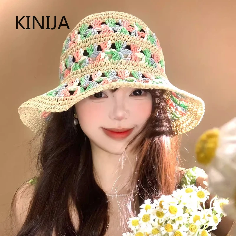 Women Crochet Straw Bucket Hat Hollow Sun Hat Women Trendy Summer Beach/Outdoor Travel Headwear Hats for Lady Sun Protection