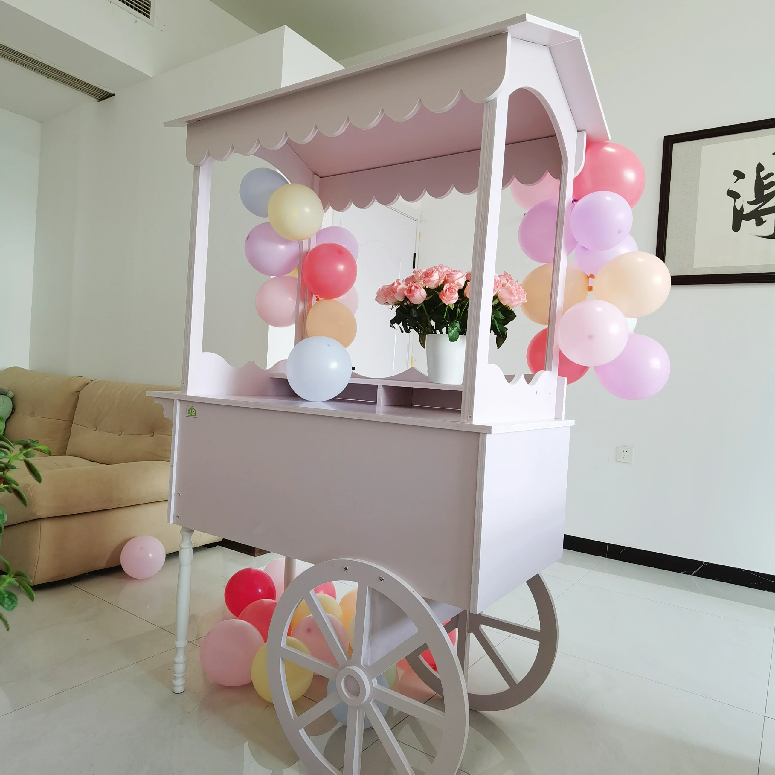 For party home decoration Wholesale PVC wood gold metal flower candy cart display stand foldable with wheels