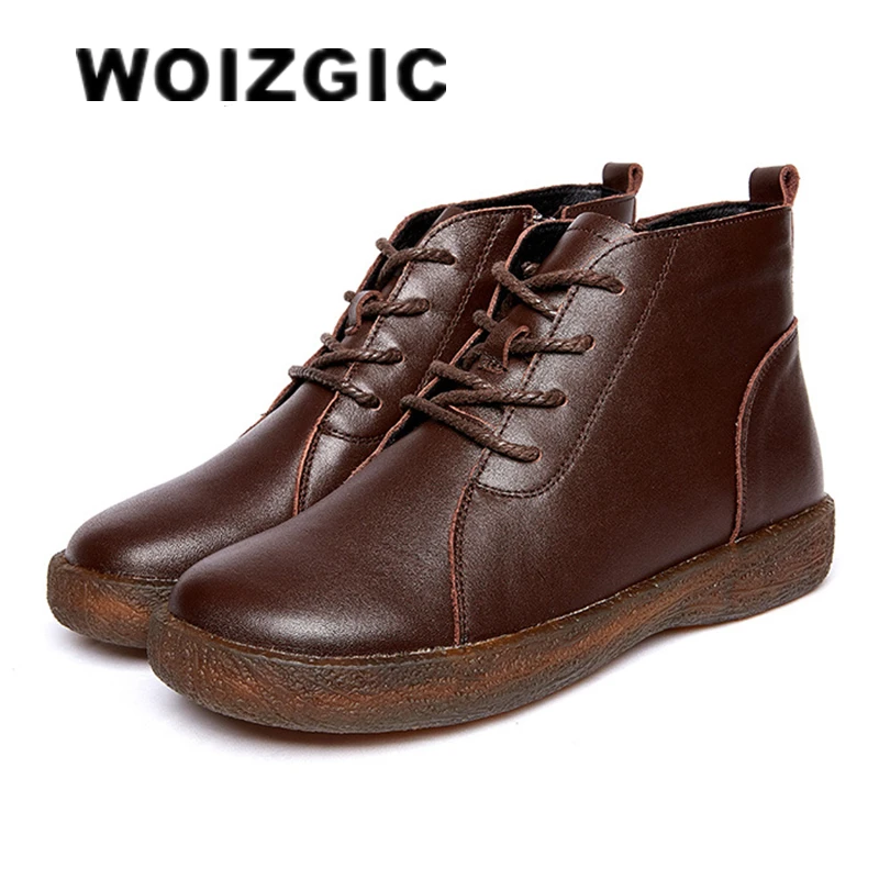 WOIZGIC Women\'s Female Mother Woman Genuine Leather Ankle Shoes Boots Zipper Lace Up Winter Plush Warm Retro 34-41 ZDA-2181